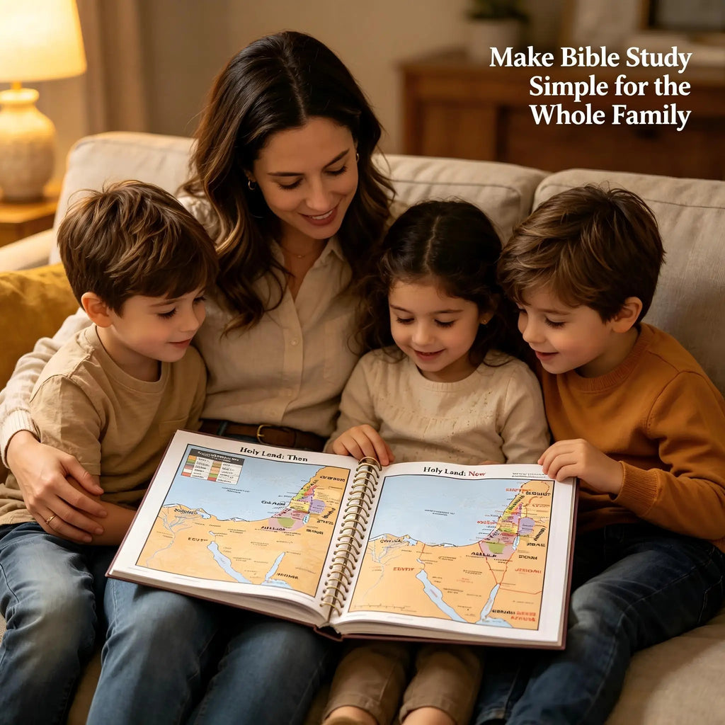 A family reading a spiral-bound Bible study book together.