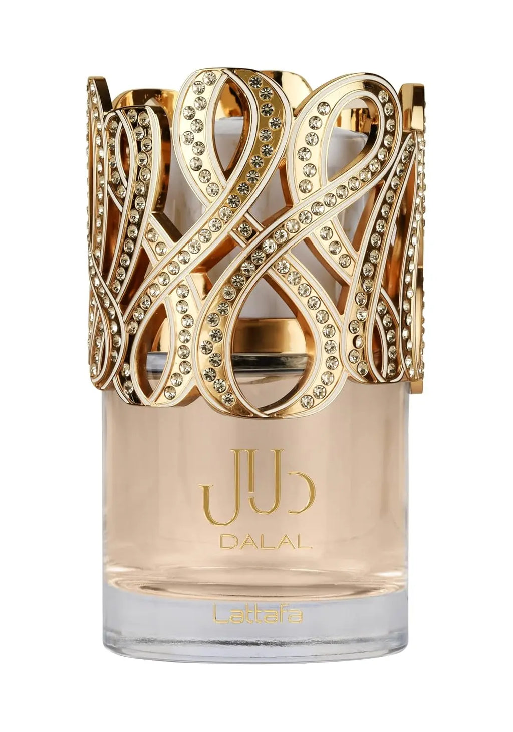 A glass perfume bottle with a decorative gold top encrusted with stones.