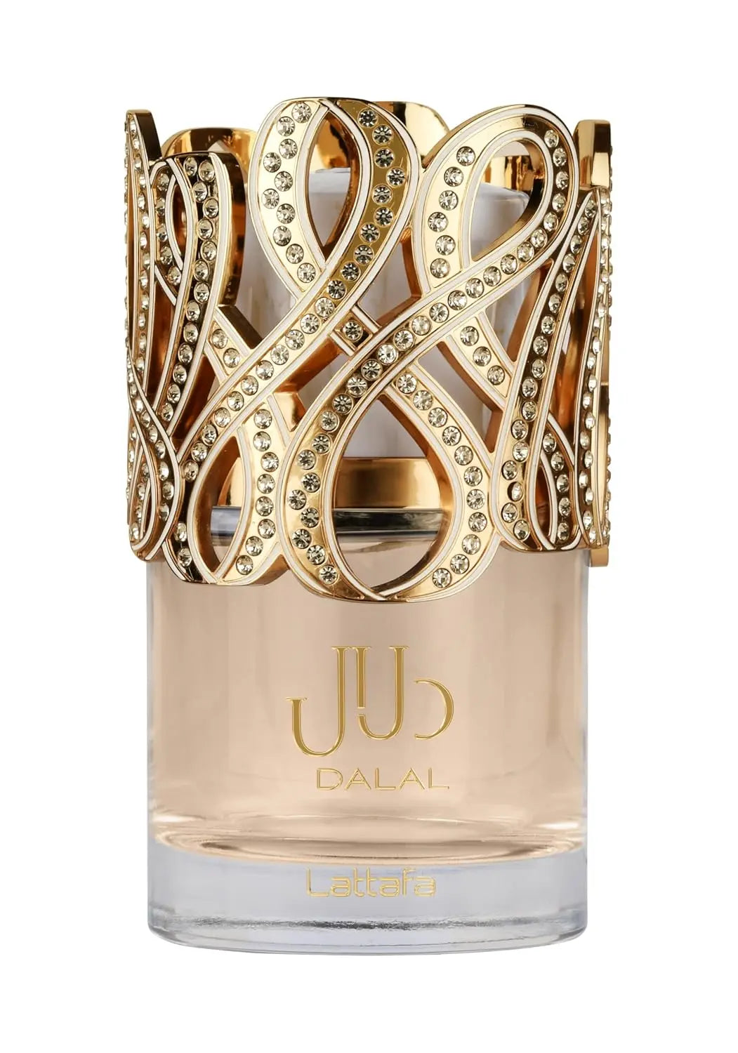 A glass perfume bottle with a decorative gold top encrusted with stones.