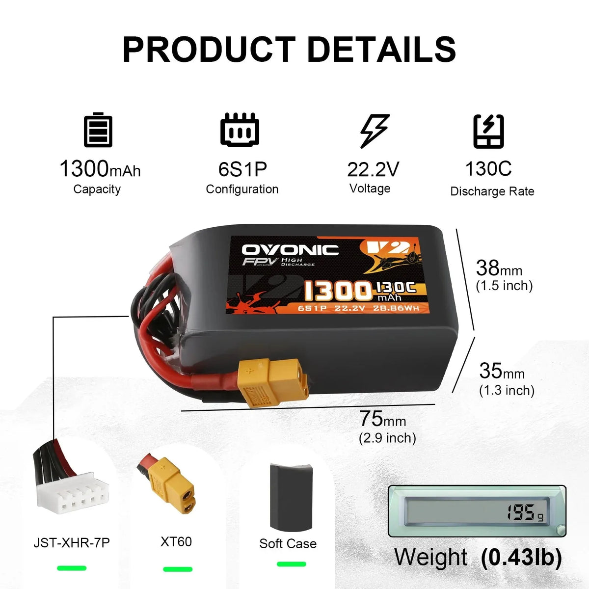 LiPo battery technical specifications showing capacity, voltage, discharge rate and dimensions