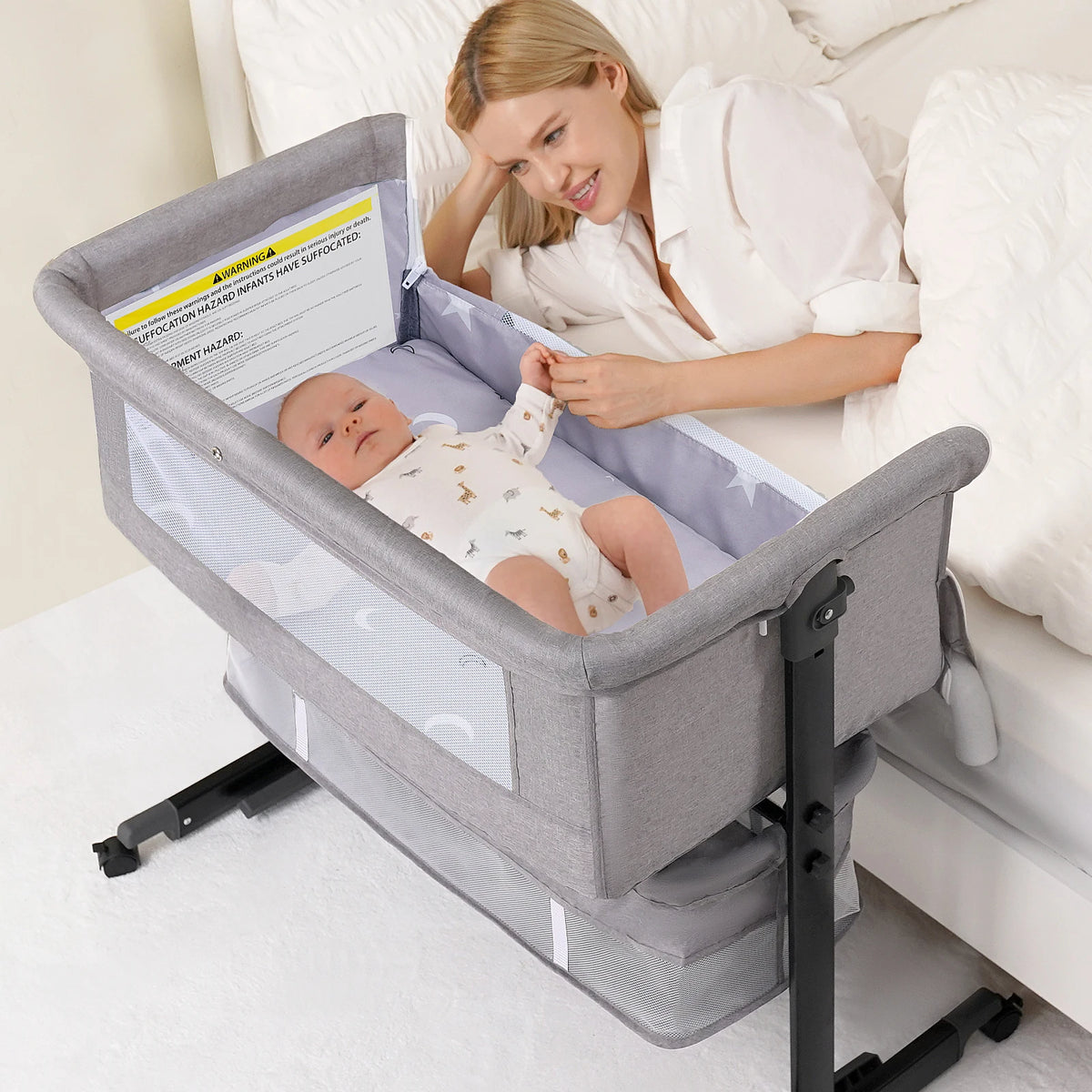 Baby Bedside Bassinet with Mosquito Canopy and Adjustable Height – Gray