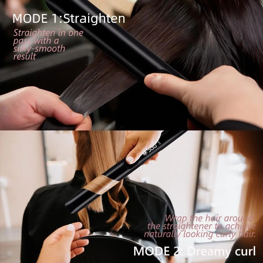 Two-part photo showing a hair straightener used for straightening and curling hair