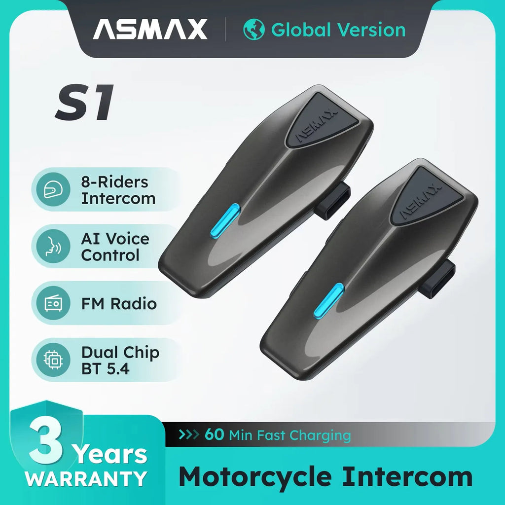 Asmax S1 motorcycle intercom headset with magnetic mount and sleek design