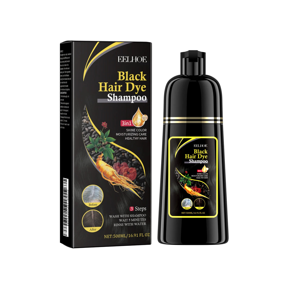 Eelhoe Brown Hair Dyeing Shampoo, 500ml Nourishing Color Treatment – Black