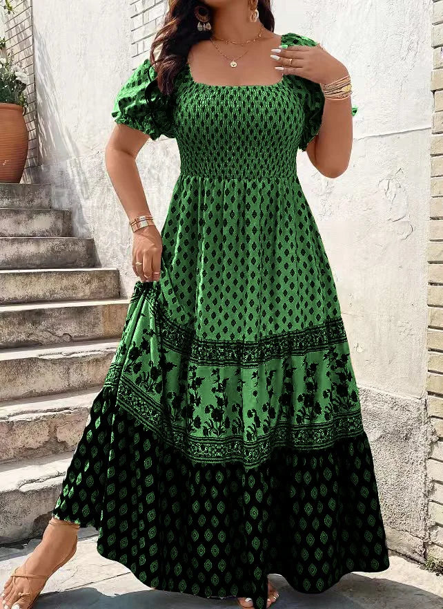Women's Bohemian style knee-length floral print dress with short sleeves and smocked detail – green