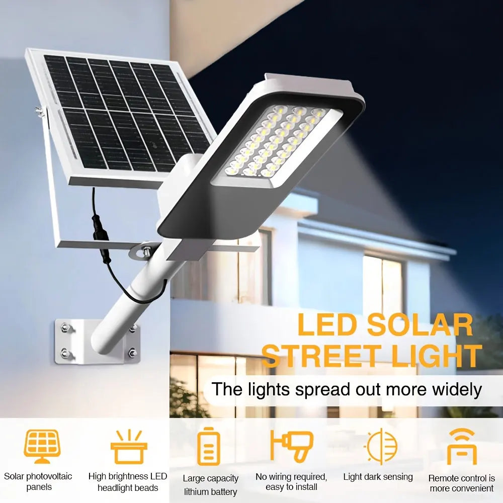 Solar street light with remote control featuring LED lamp head and solar panel
