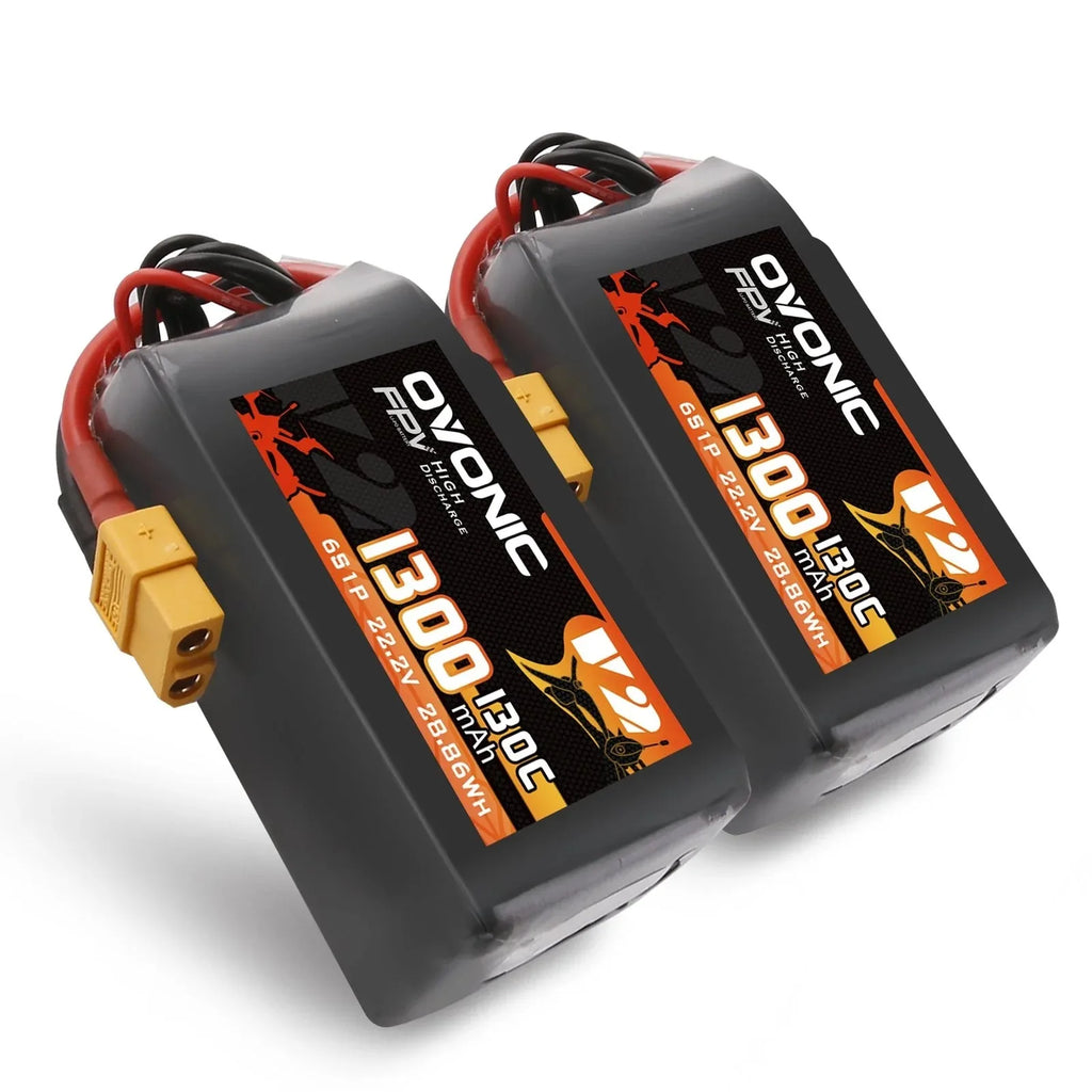 Two Ovonic 6S 1300mAh LiPo battery packs with XT60 connectors for FPV drones – 130C 1300mAh 2Pack