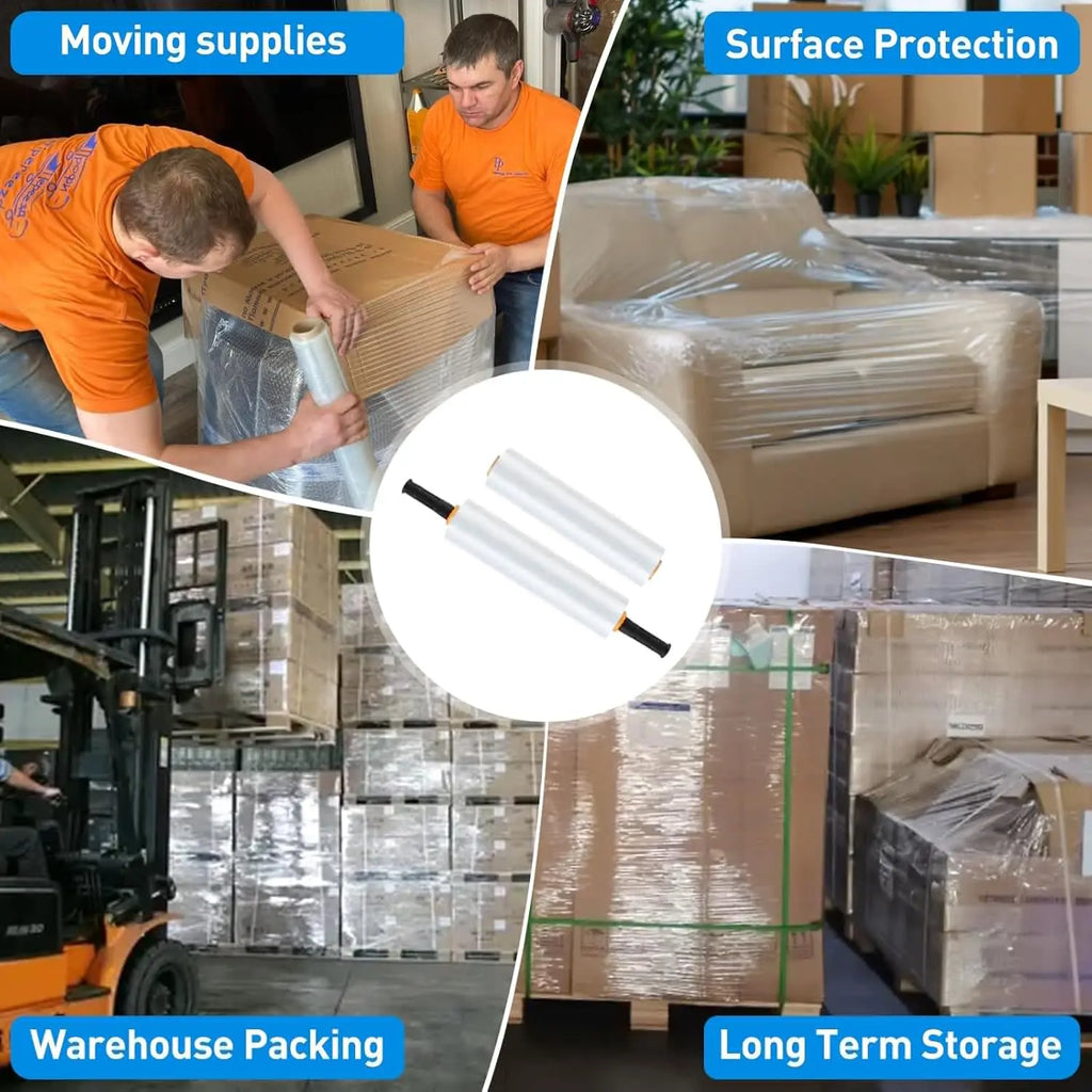 Collage of four photos showing various industrial and home uses for heavy duty stretch wrap