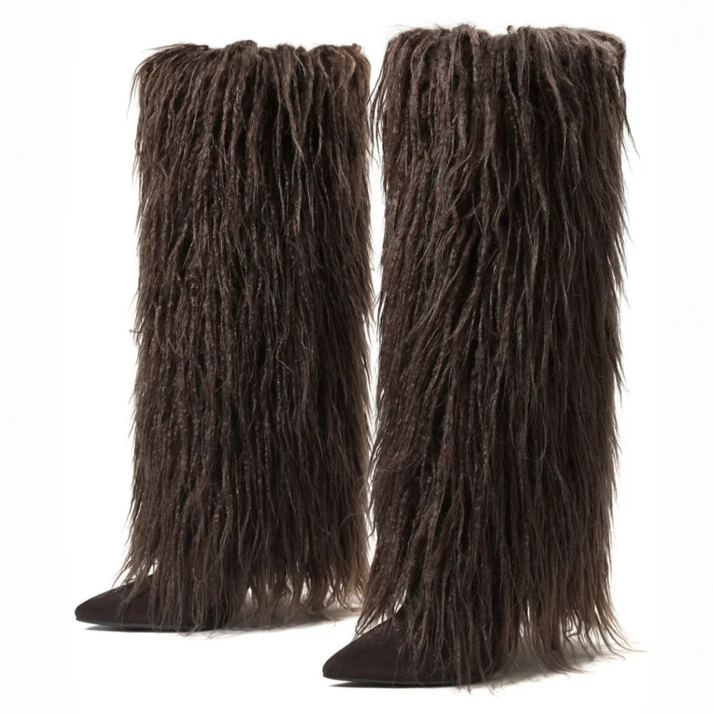 Women's Stiletto Knee High Boots with Faux Fur Shaft – Brown
