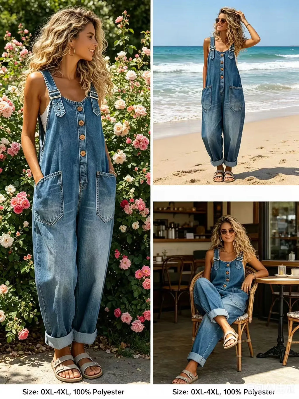 Blue denim bib overalls with wooden buttons, side pockets and rolled cuffs on a woman.