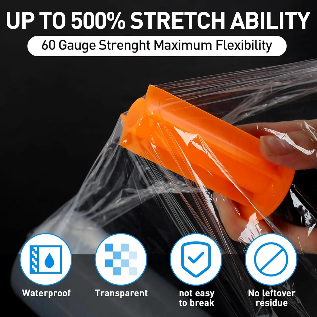 Close up of a hand stretching transparent plastic packing film with orange handle