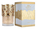 A glass perfume bottle with a decorative gold top and its matching white and gold box.