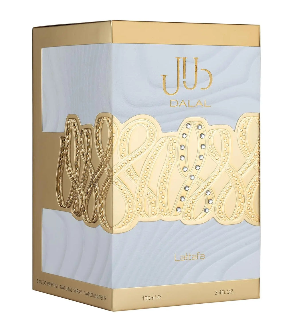 A white and gold rectangular perfume box.