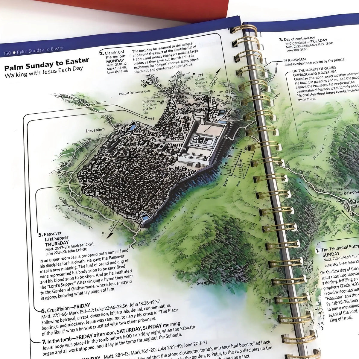 An open spiral-bound Bible study book showing maps of Jerusalem during Holy Week.