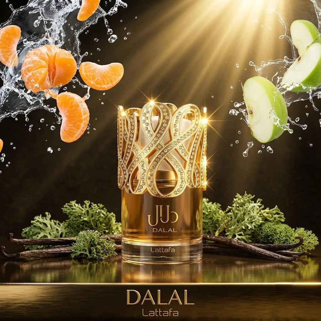 A perfume bottle surrounded by fruit, water splashes, and vanilla pods.