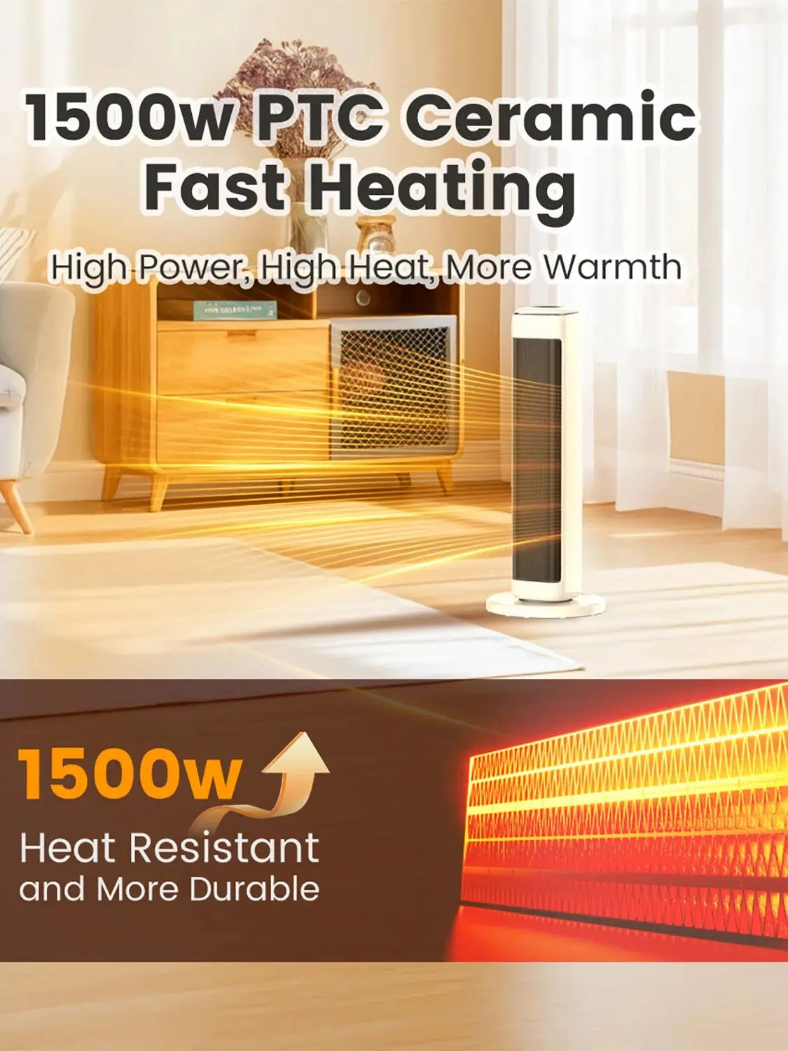 Off-white tower ceramic space heater in a living room with technical text overlay