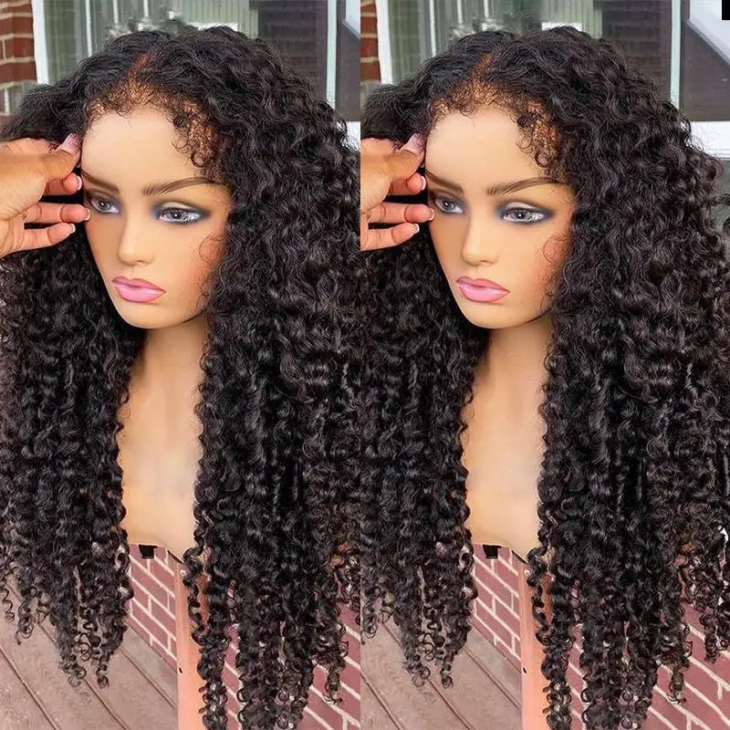 Long black curly lace front wig on a mannequin head, showing hair texture