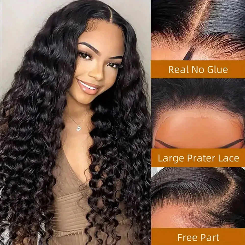 Woman wearing long black deep wave curly hair wig with detailed lace views
