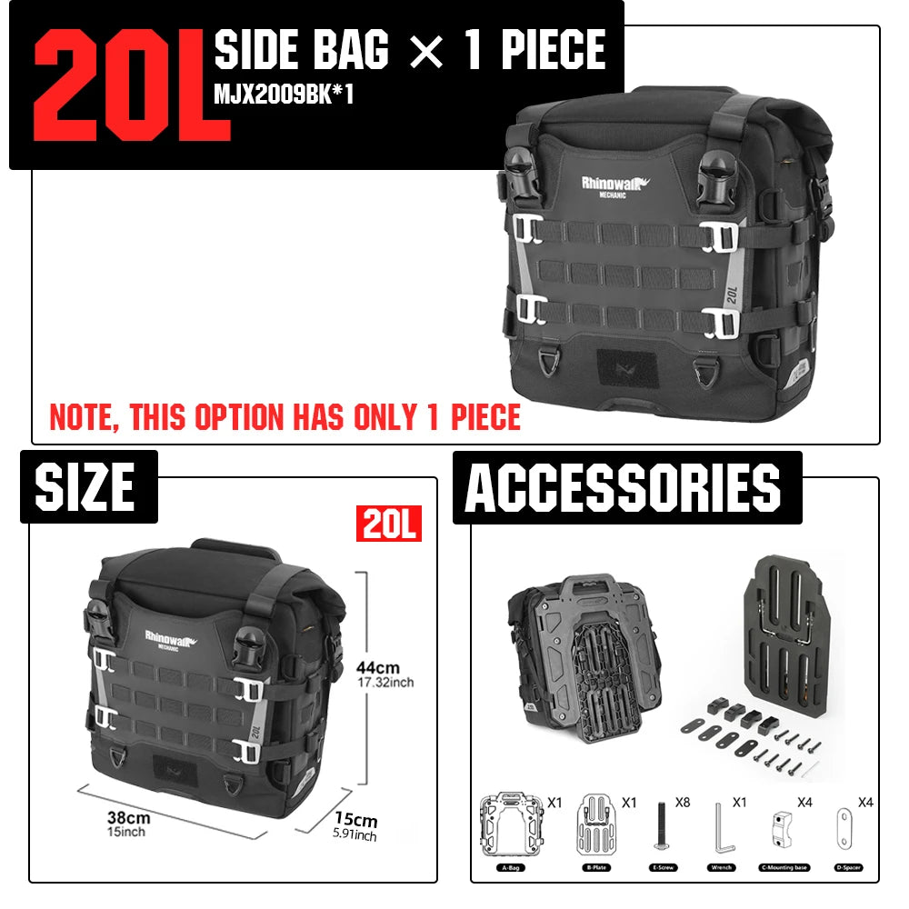Rhinowalk Motorcycle Quick Release Side Bag - 35L Waterproof Saddlebag – 20L Bag-1 Piece
