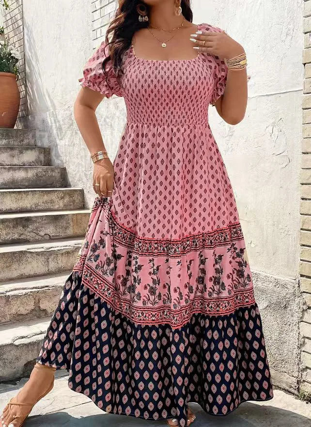 Women's Bohemian style knee-length floral print dress with short sleeves and smocked detail – Pink