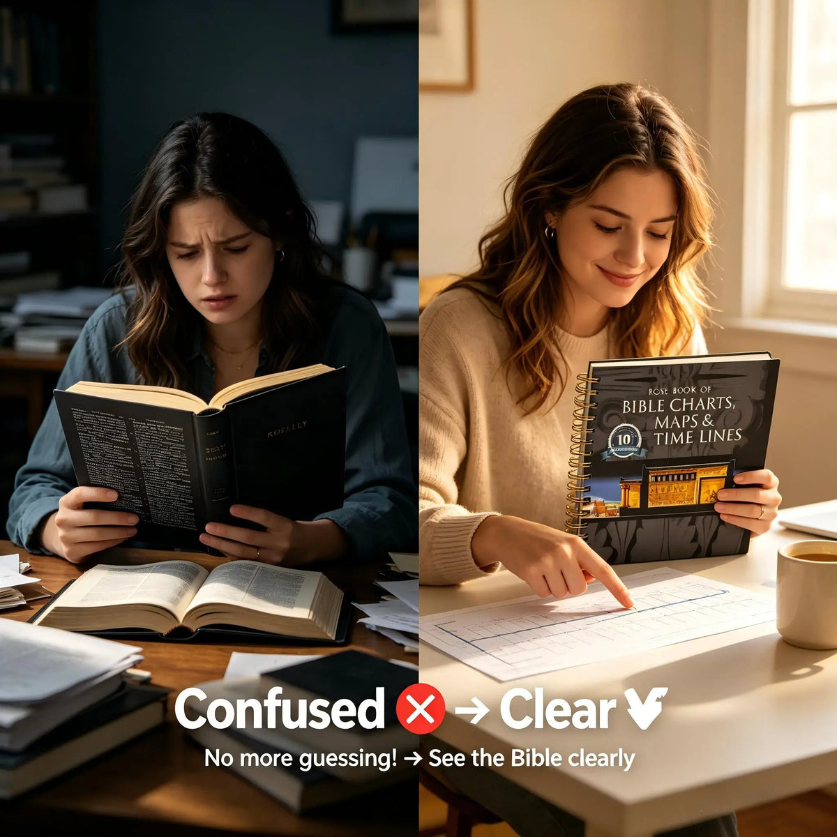 A woman studying a spiral-bound Bible study book compared to a standard Bible.