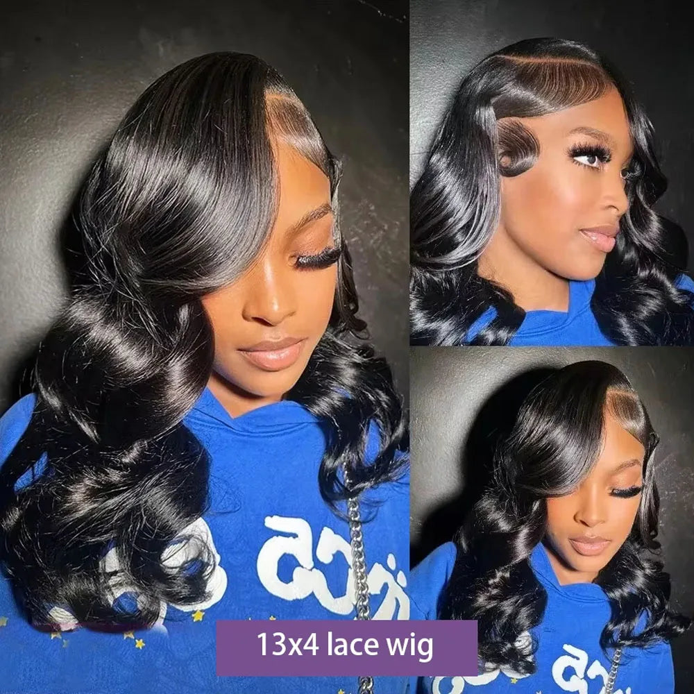 Short black wavy lace front bob wig shown from multiple angles.