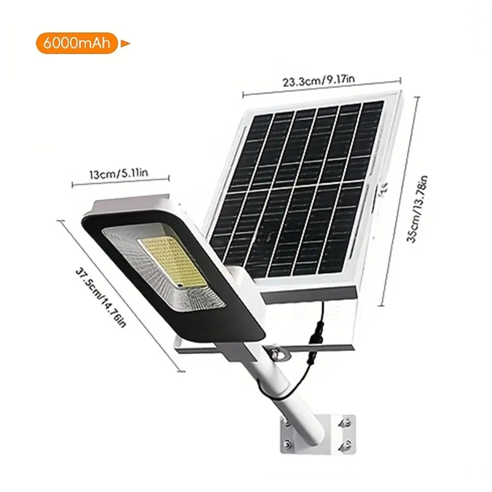 Solar powered LED street light with dimensions labeled in centimeters and inches