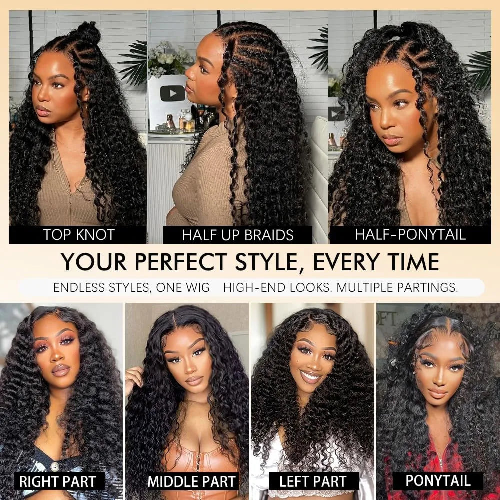 Woman styling a deep wave curly wig in various updos and partings
