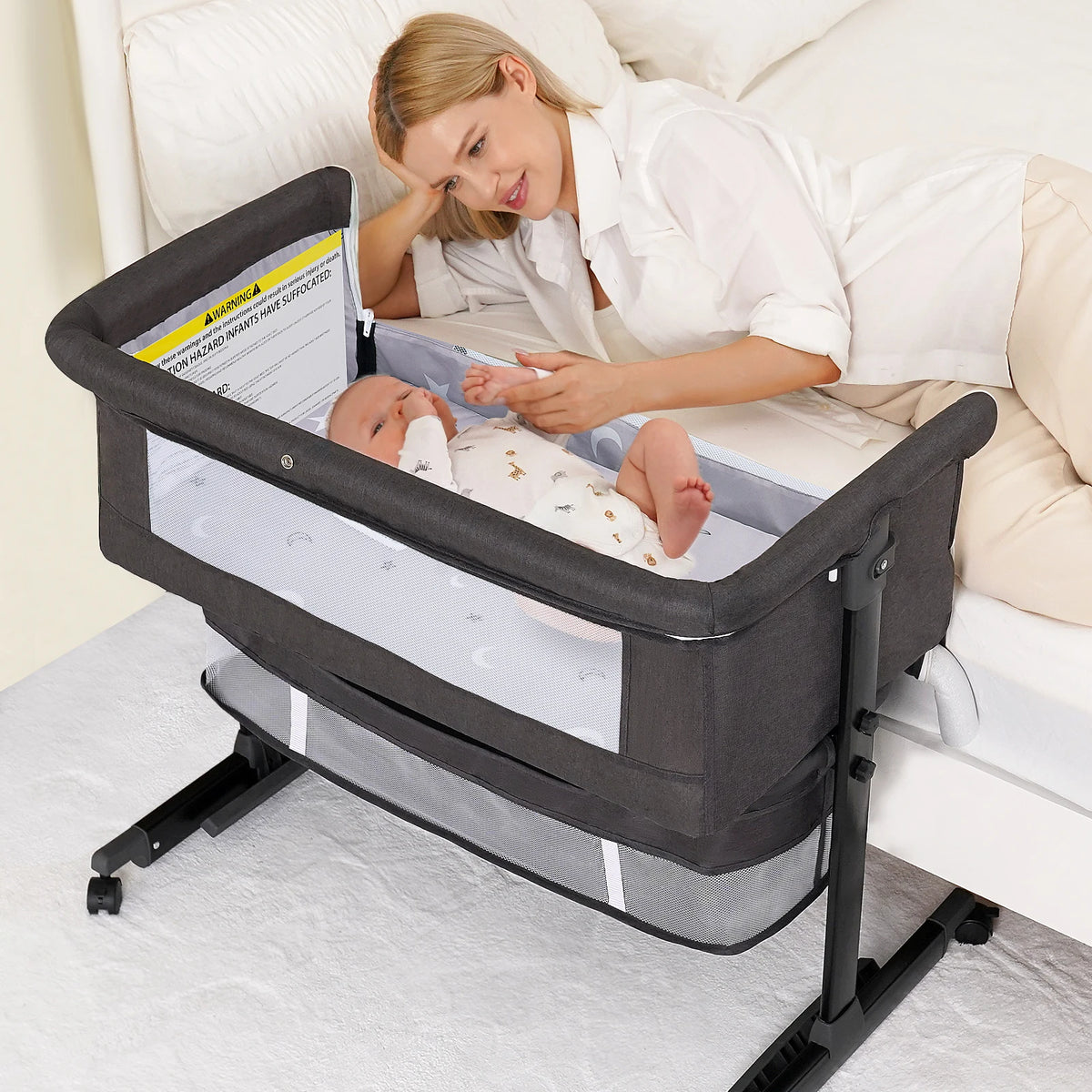 Baby Bedside Bassinet with Mosquito Canopy and Adjustable Height – Dark Gray