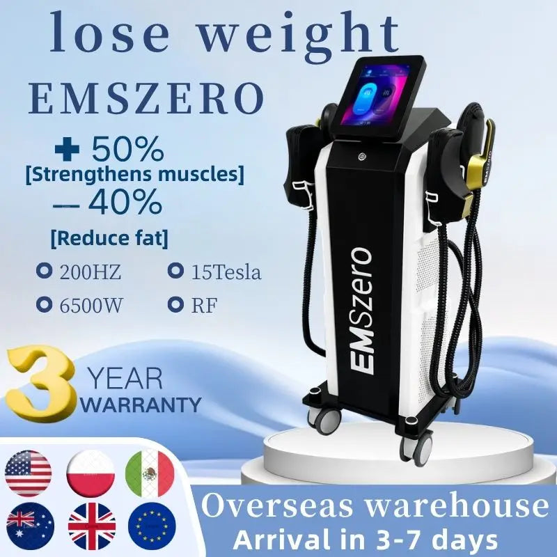 Electromagnetic muscle stimulation and body sculpting machine on a white platform