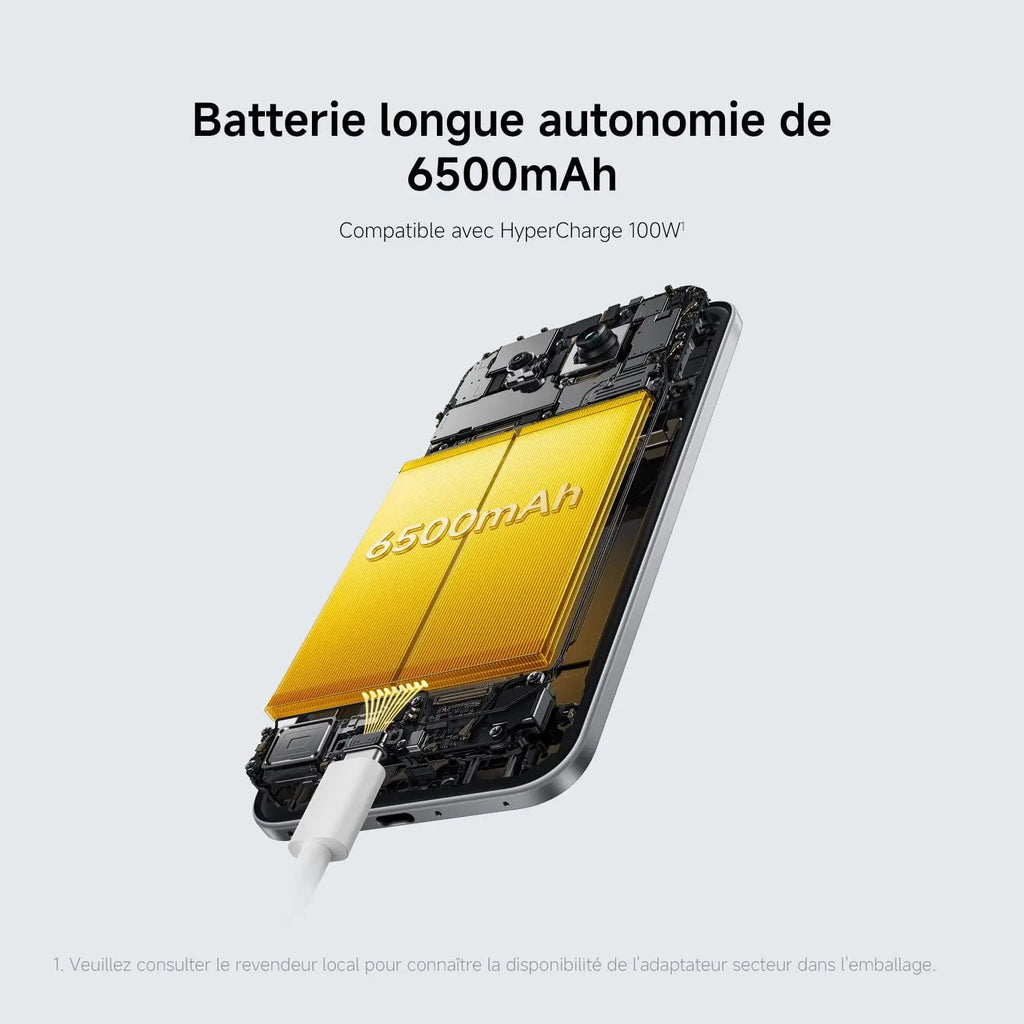Internal hardware view of a smartphone showing a 6500mAh battery being charged.