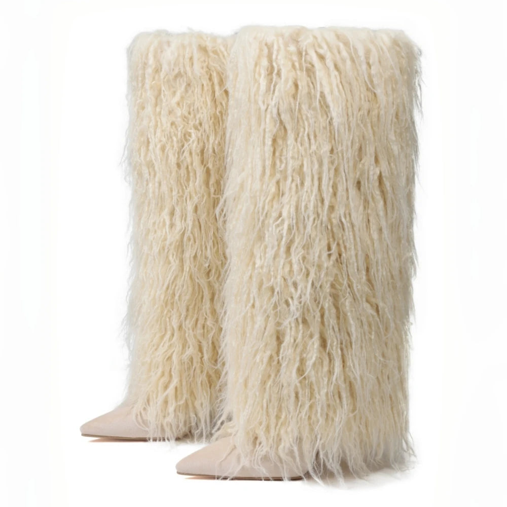 Women's Stiletto Knee High Boots with Faux Fur Shaft – Beige