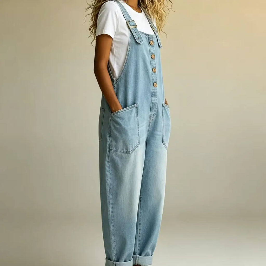 Woman wearing light blue denim bib overalls with wooden buttons and rolled cuffs over a white t-shirt.
