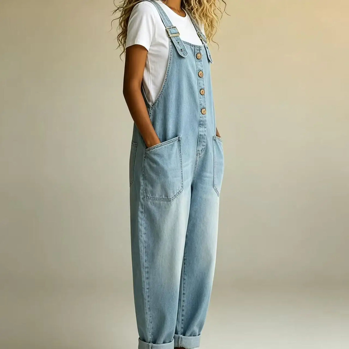 Woman wearing light blue denim bib overalls with wooden buttons and rolled cuffs over a white t-shirt.