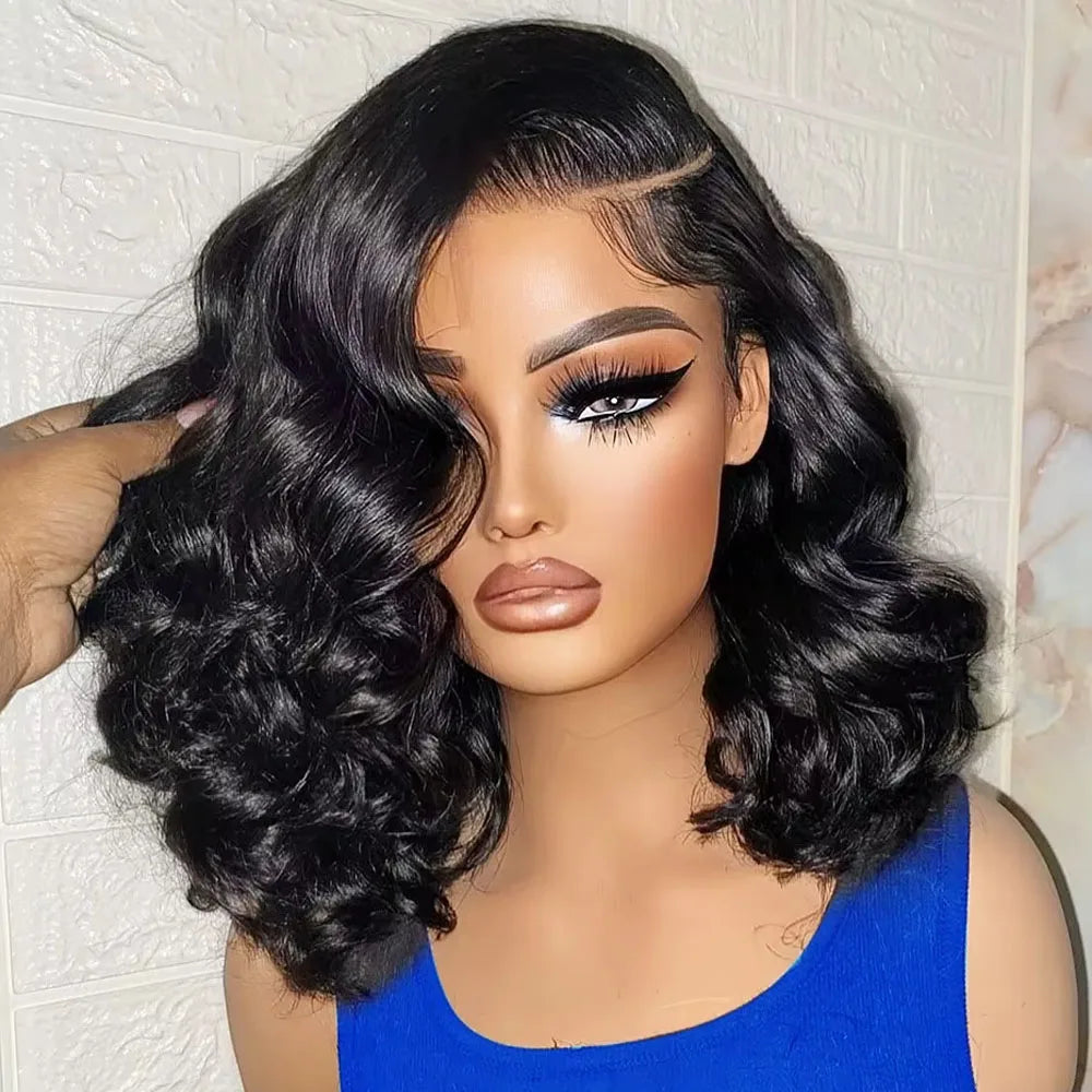 A 220% density Brazilian Virgin Remy body wave bob wig with 13x4 transparent lace frontal.