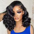 A 220% density Brazilian Virgin Remy body wave bob wig with 13x4 transparent lace frontal.