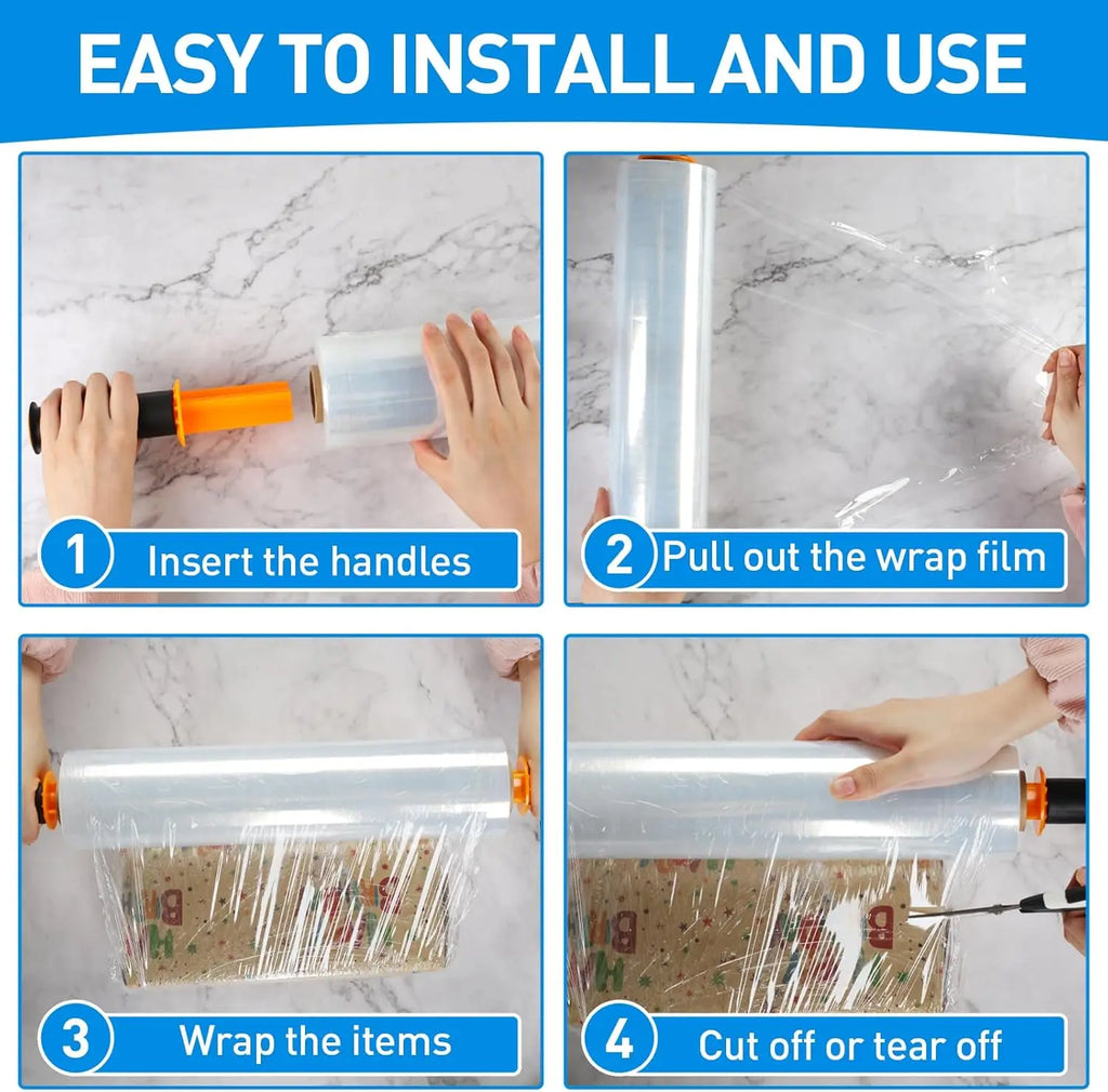Four step instruction guide on how to use stretch film with handheld dispensers for wrapping boxes