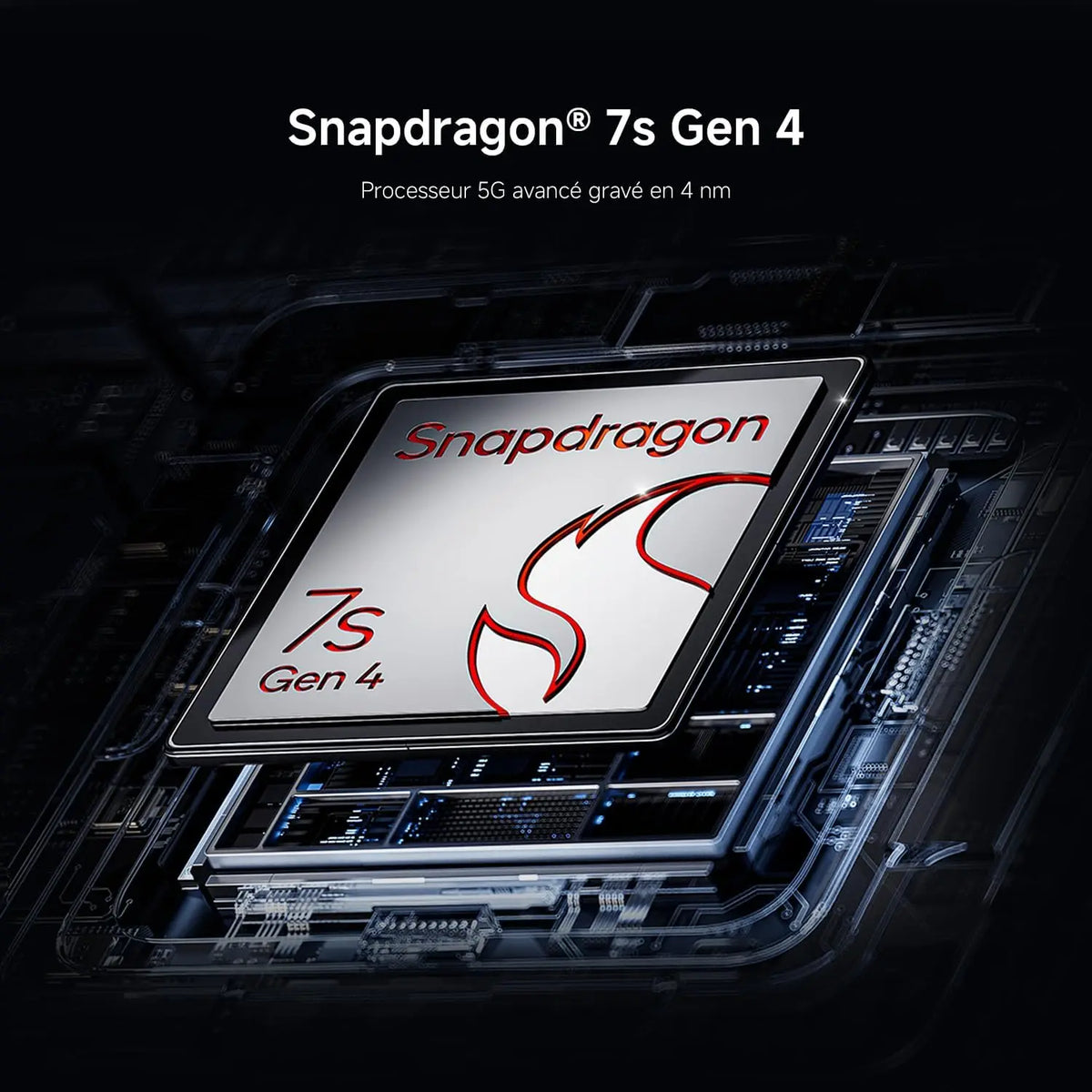 Close-up view of the Snapdragon 7s Gen 4 mobile processor chipset on a circuit board.