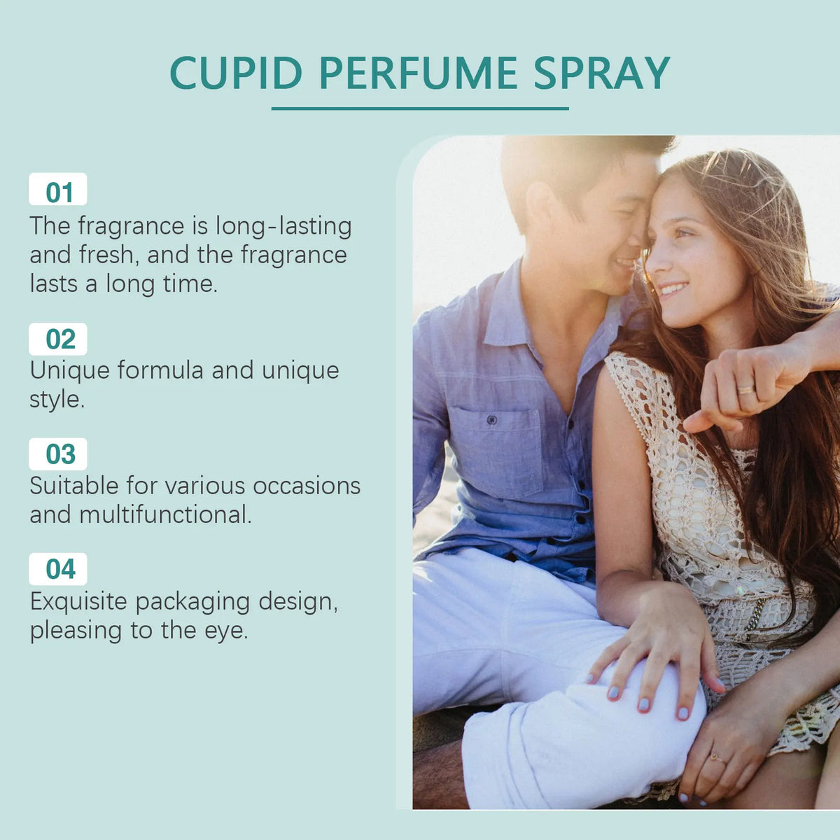 Features list of a light blue perfume spray for men and women next to a photo of a couple.