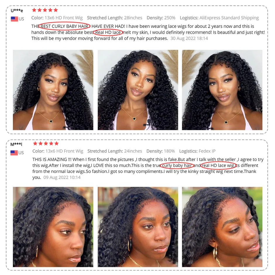 Customer reviews with photos of a woman wearing a curly human hair lace wig
