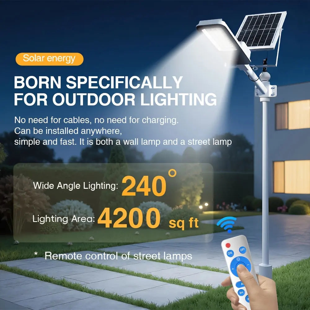 Solar street light with remote control illustrating wide angle lighting coverage