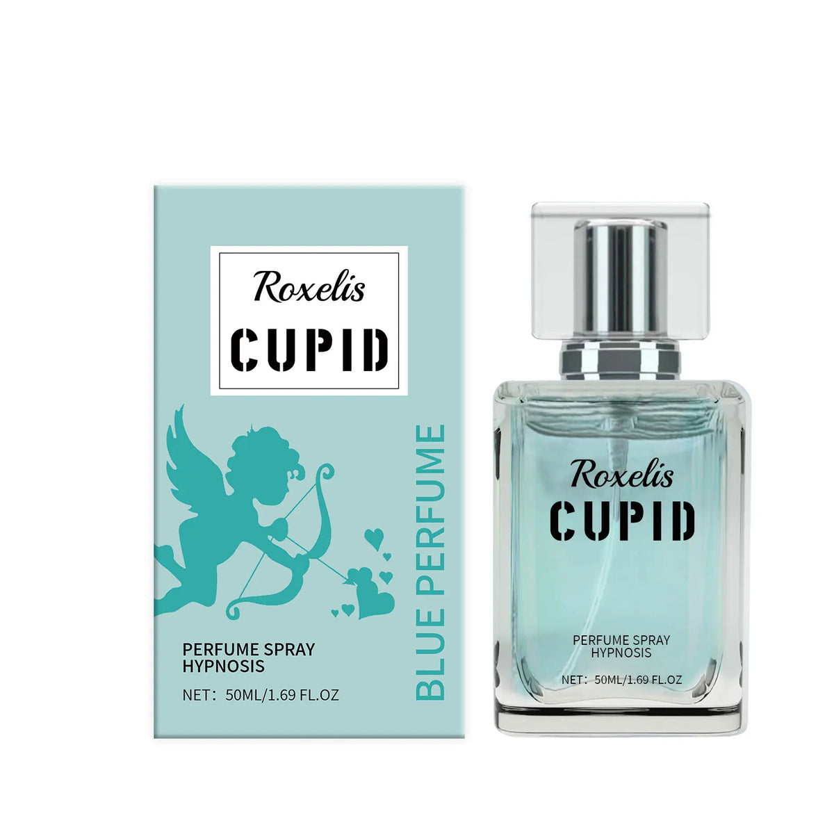 A 50ml light blue perfume spray bottle next to its matching packaging box with a cupid illustration.