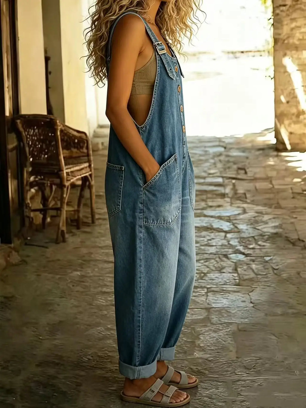 Side profile of a woman wearing light blue denim bib overalls with large patch pockets.