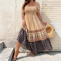 Women's Bohemian style knee-length floral print dress with short sleeves and smocked detail – YELLOW