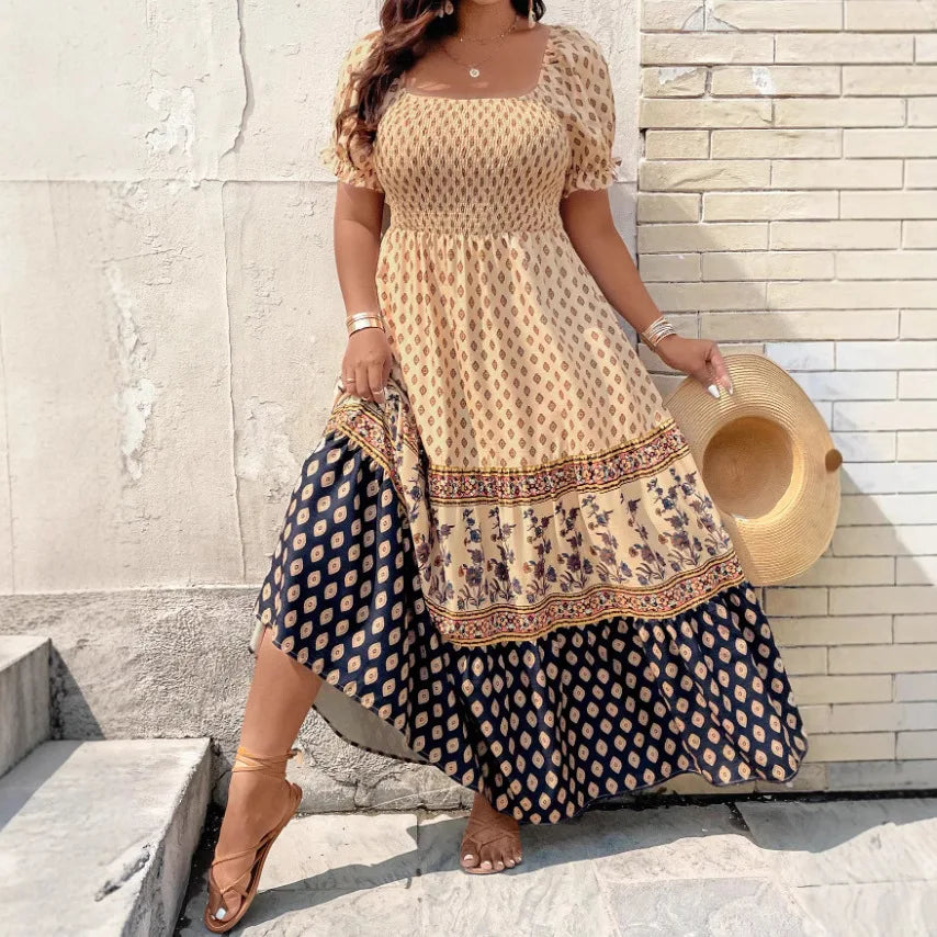 Women's Bohemian style knee-length floral print dress with short sleeves and smocked detail – YELLOW