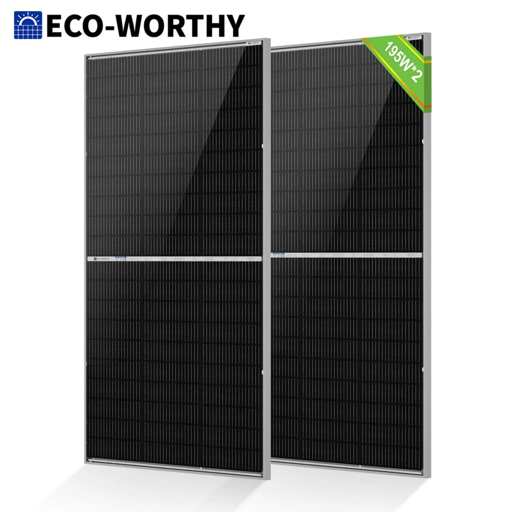 Two black monocrystalline solar panels with silver metal frames