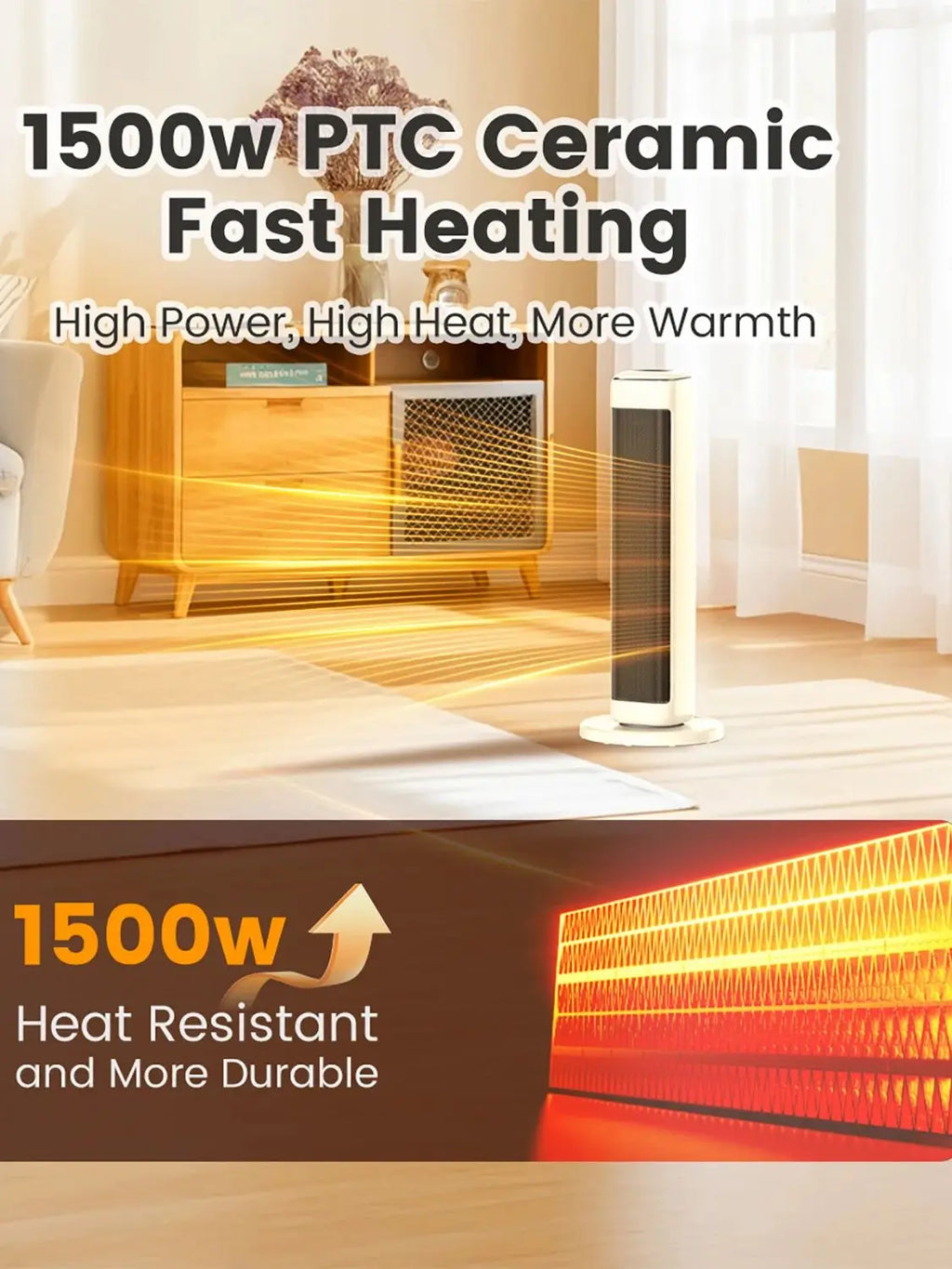 Off-white tower ceramic space heater in a living room with technical text overlay