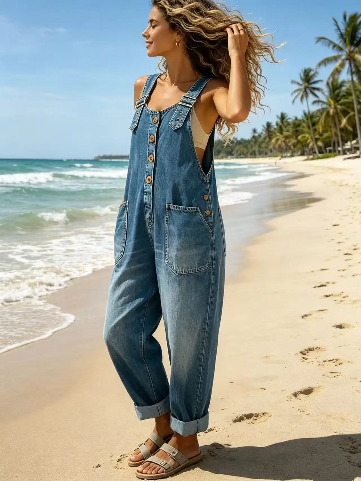 Woman in blue denim overalls with front buttons and side pockets standing on a beach.