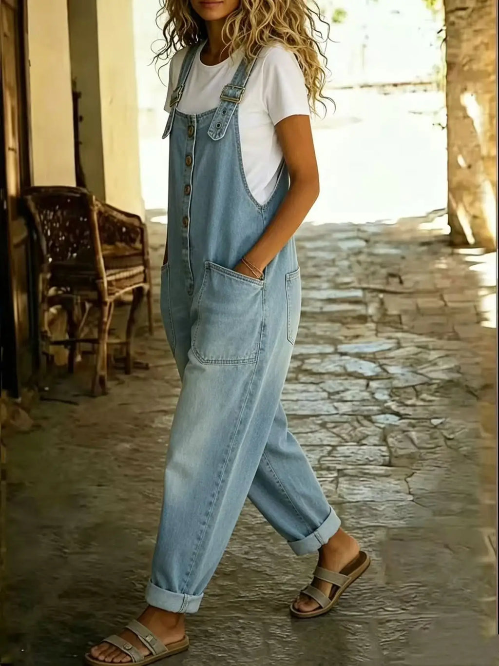 Woman wearing blue denim bib overalls over a white t-shirt, side view.