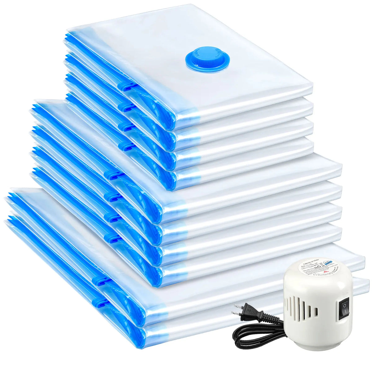 Vacuum Storage Bags with Electric Pump, PA+PE Material, S/M/L Sizes – White